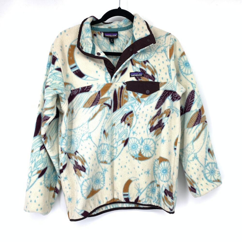 Patagonia Snap-T Synchilla Sweater Womens M Multicolor Owl Print Fleece Pocket